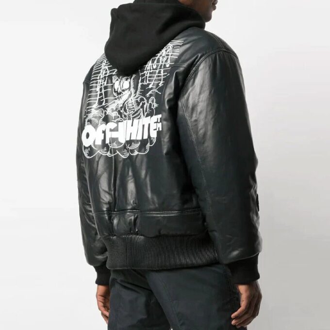 Off-White Men’ s Logo Printing Pattern Leather Aviator Jacket Black
