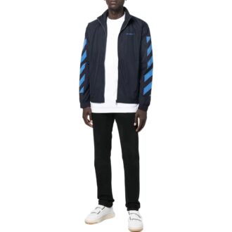 Off-White Men’ s Logo Printing Pattern Zipper Stand Collar Jacket Black