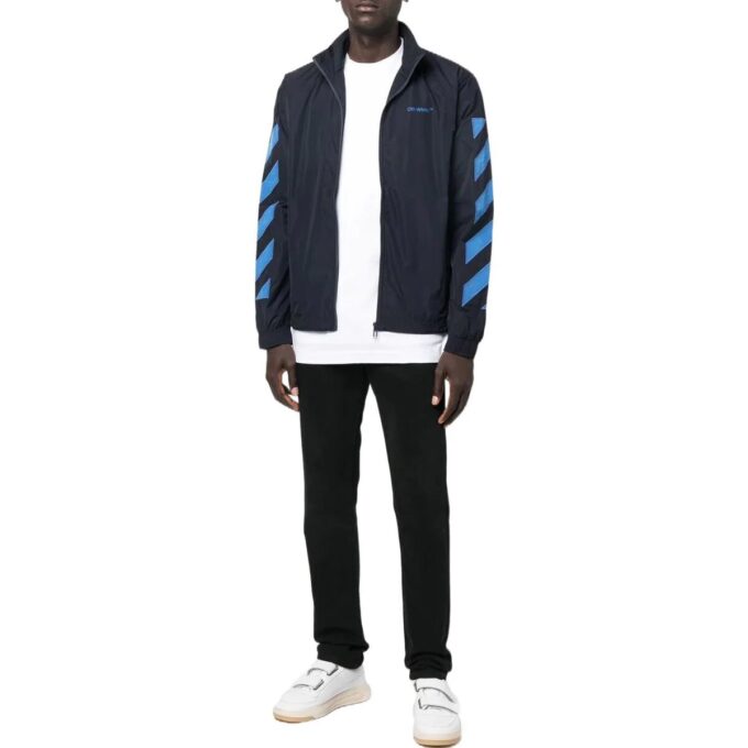 Off-White Men’ s Logo Printing Pattern Zipper Stand Collar Jacket Black