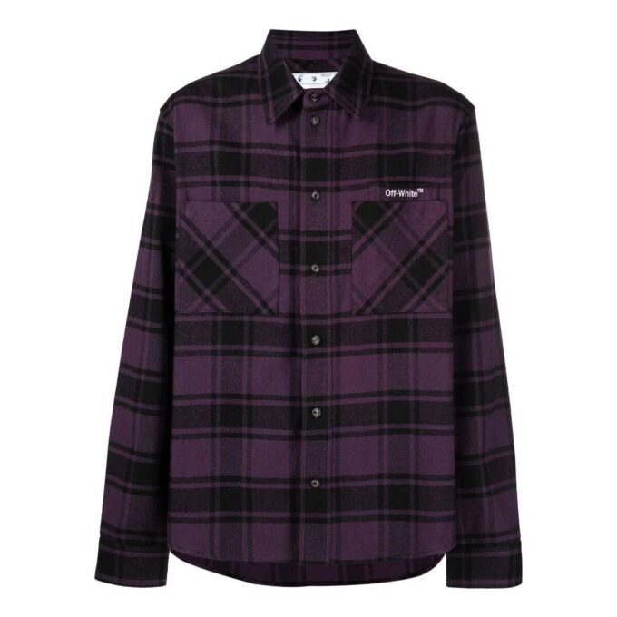Off-White Men’ s Logo Printing Plaid Long Sleeves Dark Purple Shirt