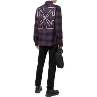 Off-White Men’ s Logo Printing Plaid Long Sleeves Dark Purple Shirt