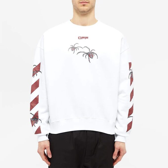 Off-White Men’ s Logo Spider Printing Round Neck Long Sleeves White