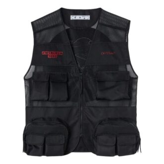 Off-White Men’ s Mesh Splicing V Neck Multiple Pockets Sleeveless Zipper Jacket Creamy White