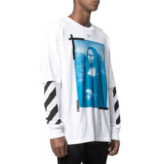 Off-White Men’ s Mona Lisa Printing Round Neck Long Sleeves Loose Fit White T-Shirt
