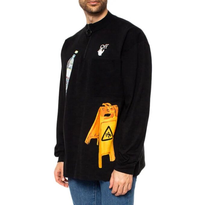Off-White Men’ s Pattern Printing Round Neck Long Sleeves Loose Fit Black
