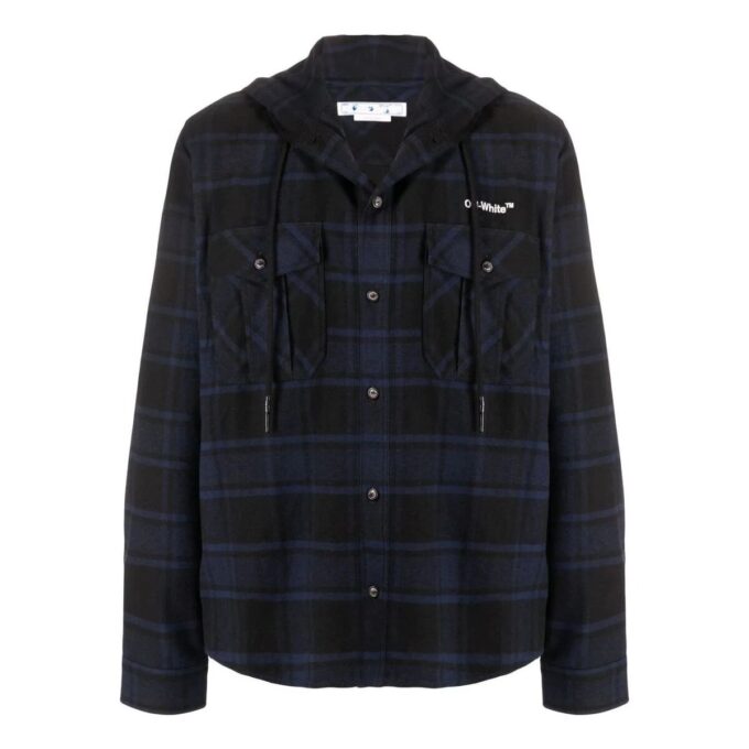 Off-White Men’ s Plaid Full Print Hooded Long Sleeves Blue Jacket