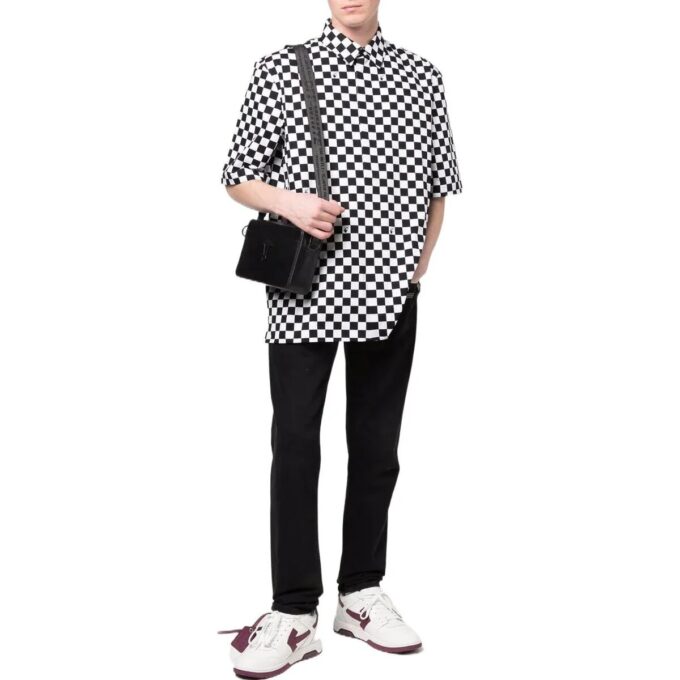 Off-White Men’ s Plaid Lapel Short Sleeve Black Shirt