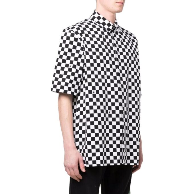 Off-White Men’ s Plaid Lapel Short Sleeve Black Shirt