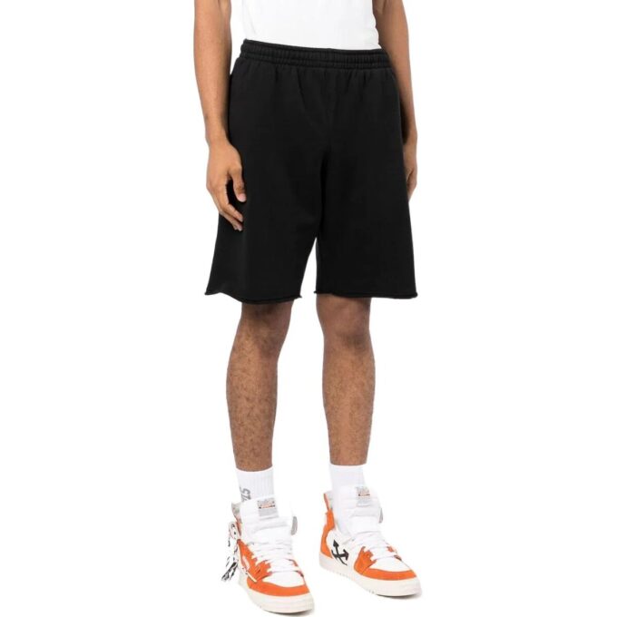 Off-White Men’ s Solid Color Back Printing Pattern Elastic Waistband Straight Shorts Black