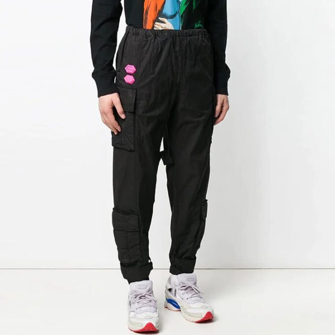 Off-White Men’ s Solid Color Cargo Pocket Sports Pants/Trousers/Joggers Loose Fit Black