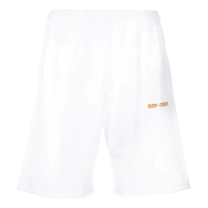 Off-White Men’ s Solid Color Logo Printing Pattern Elastic Waistband Straight Shorts White