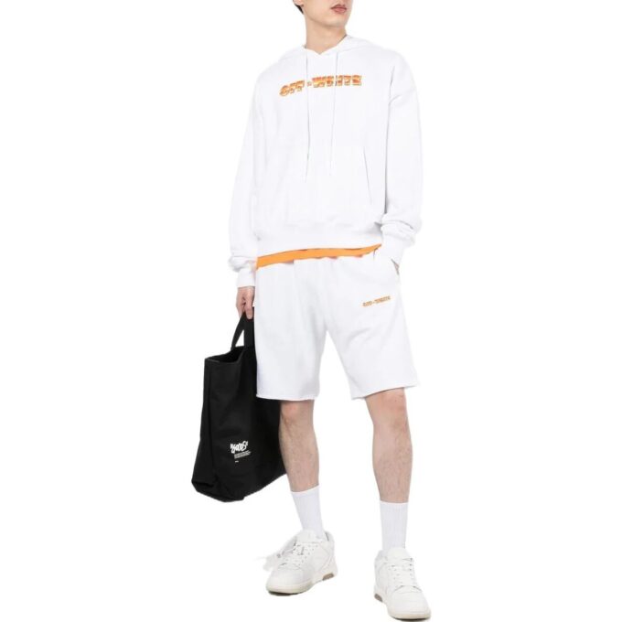 Off-White Men’ s Solid Color Logo Printing Pattern Elastic Waistband Straight Shorts White