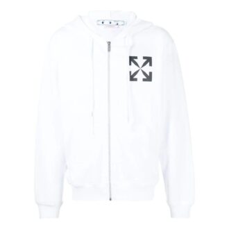 Off-White Men’ s Solid Color Logo Printing Pattern Hooded Zipper Jacket White