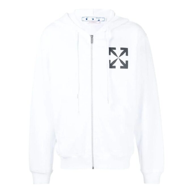 Off-White Men’ s Solid Color Logo Printing Pattern Hooded Zipper Jacket White