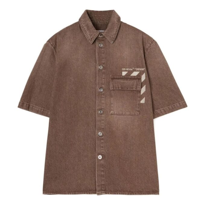 Off-White Men’ s Solid Color Pocket Short Sleeve Version Brown Shirt