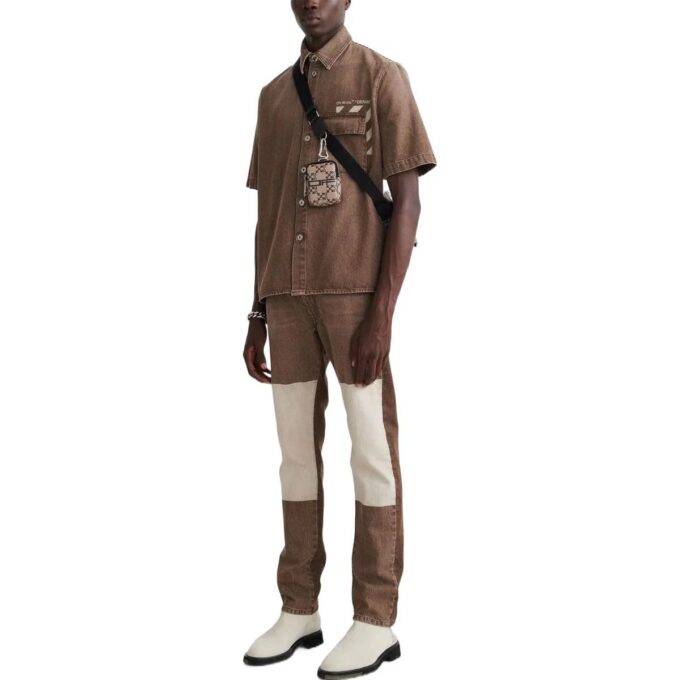 Off-White Men’ s Solid Color Pocket Short Sleeve Version Brown Shirt