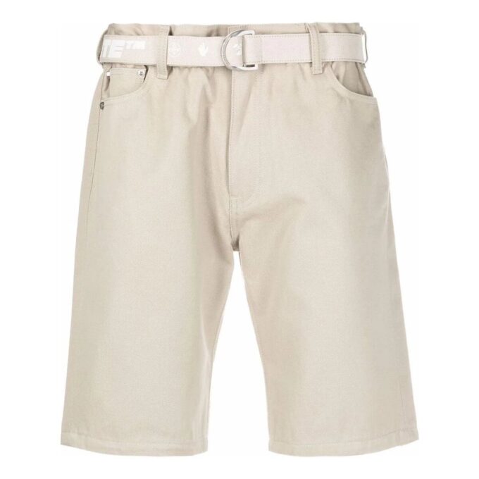 Off-White Men’ s Solid Color Waist Button Straight Cotton Shorts Creamy White
