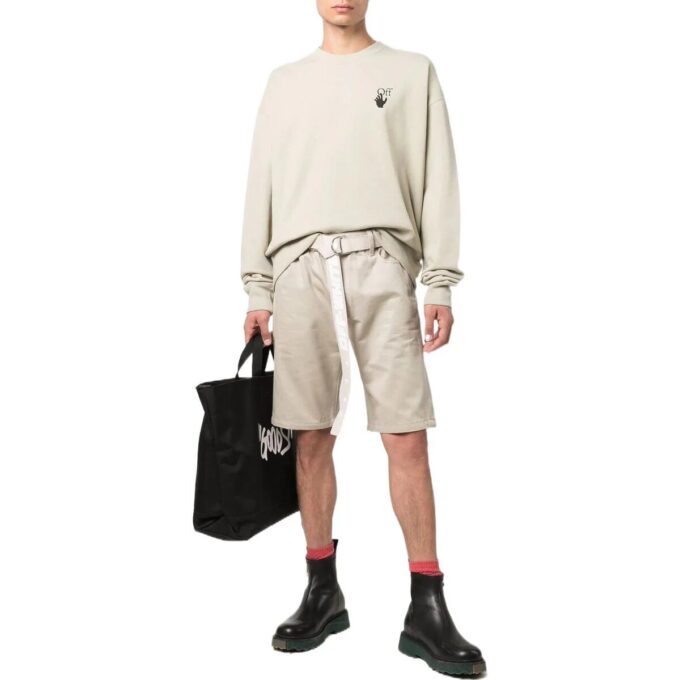 Off-White Men’ s Solid Color Waist Button Straight Cotton Shorts Creamy White