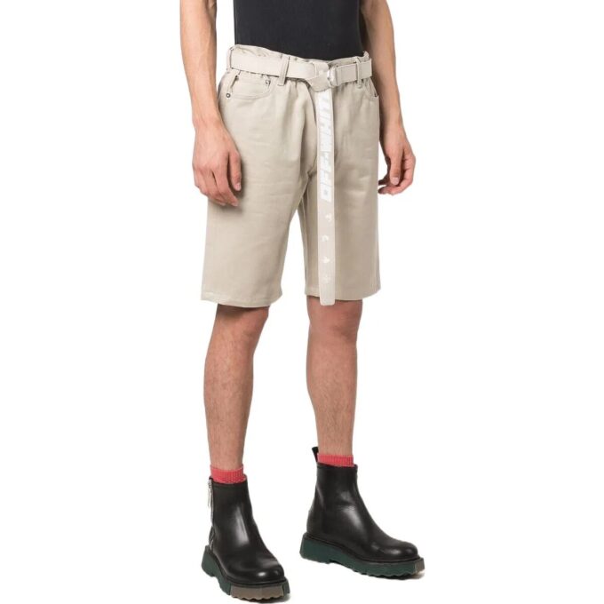 Off-White Men’ s Solid Color Waist Button Straight Cotton Shorts Creamy White