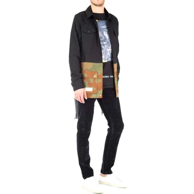 Off-White Men’ s SS21 Camouflage Colorblock Buckle Long Sleeves Jacket Loose Fit Black