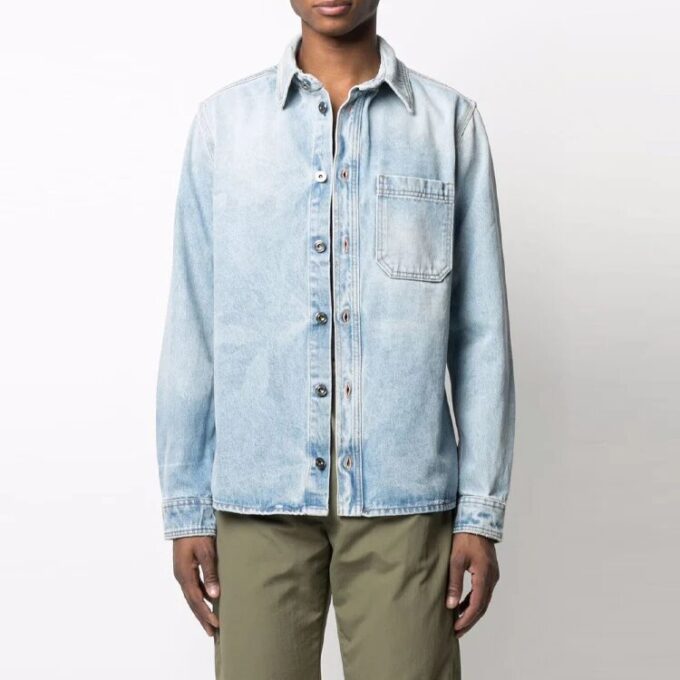 Off-White Men’ s SS21 Lapel Buckle Long Sleeves Blue Shirt