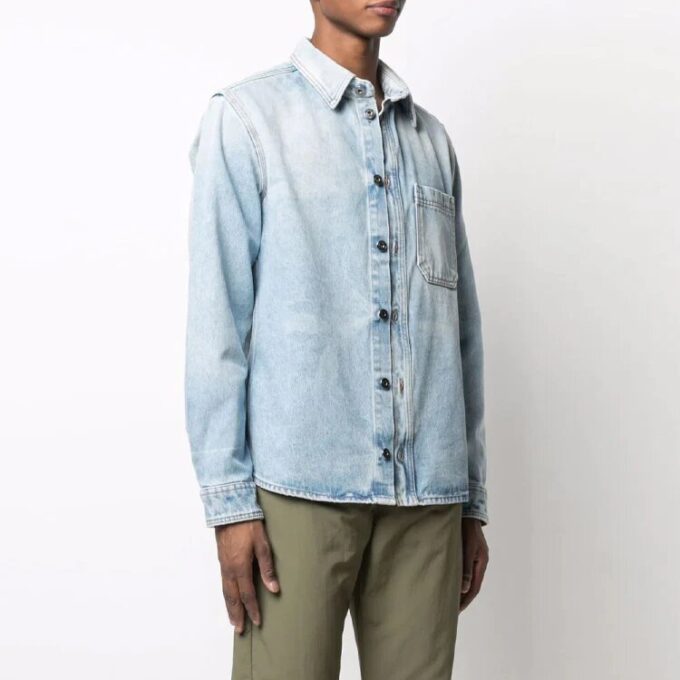 Off-White Men’ s SS21 Lapel Buckle Long Sleeves Blue Shirt