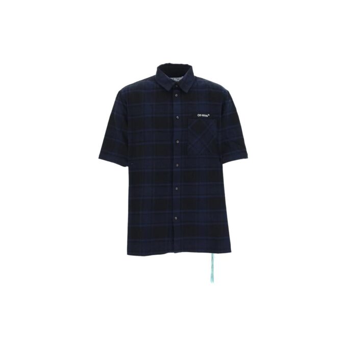 Off-White Men’ s SS22 Alphabet Printing Plaid Arrow Short Sleeve Shirt Blue