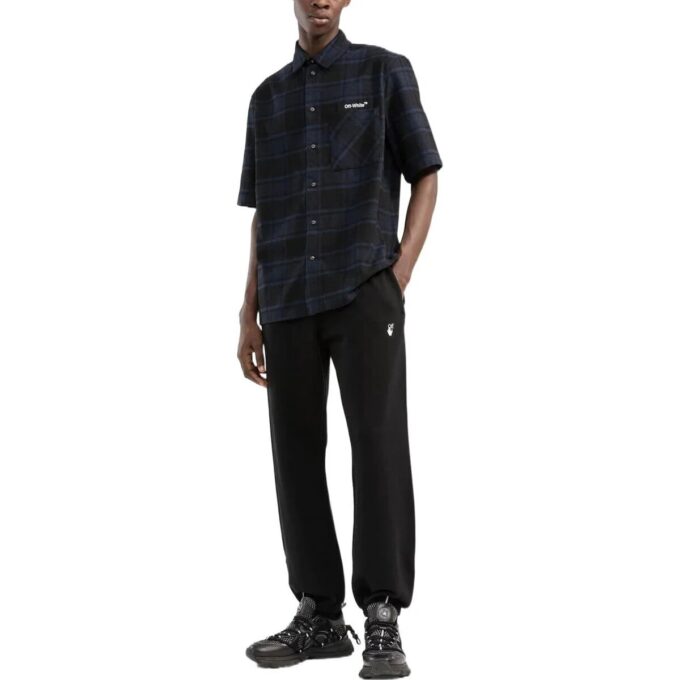 Off-White Men’ s SS22 Alphabet Printing Plaid Arrow Short Sleeve Shirt Blue