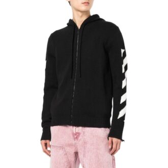 Off-White Men’ s SS22 Back Classic Logo Printing Zipper Hooded Long Sleeves Ordinary Version Black