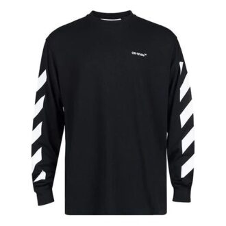 Off-White Men’ s SS22 Diag Alphabet Stripe Pattern Pullover Long Sleeves Loose Fit Black T-Shirt