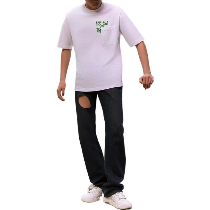 Off-White Men’ s SS22 Diagonal Arrow Spray Painting Short Sleeve Loose Fit White T-Shirt