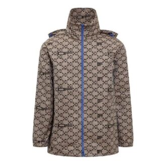 Off-White Men’ s SS22 Geometry Full Print Zipper Hooded Jacket Loose Fit Beige