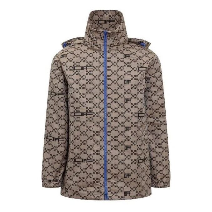 Off-White Men’ s SS22 Geometry Full Print Zipper Hooded Jacket Loose Fit Beige