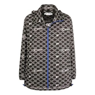 Off-White Men’ s SS22 Geometry Pattern Full Print Stand Collar Hooded Jacket Version Autumn Black