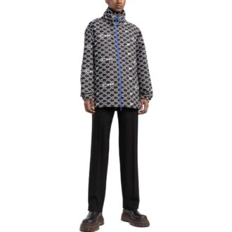 Off-White Men’ s SS22 Geometry Pattern Full Print Stand Collar Hooded Jacket Version Autumn Black