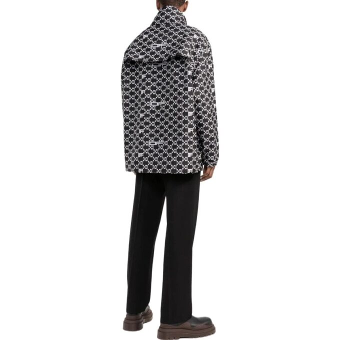 Off-White Men’ s SS22 Geometry Pattern Full Print Stand Collar Hooded Jacket Version Autumn Black