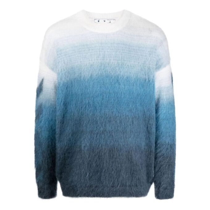 Off-White Men’ s SS22 Gradient Stripe Printing Pullover Round Neck Long Sleeves Wool Sweater Version Blue