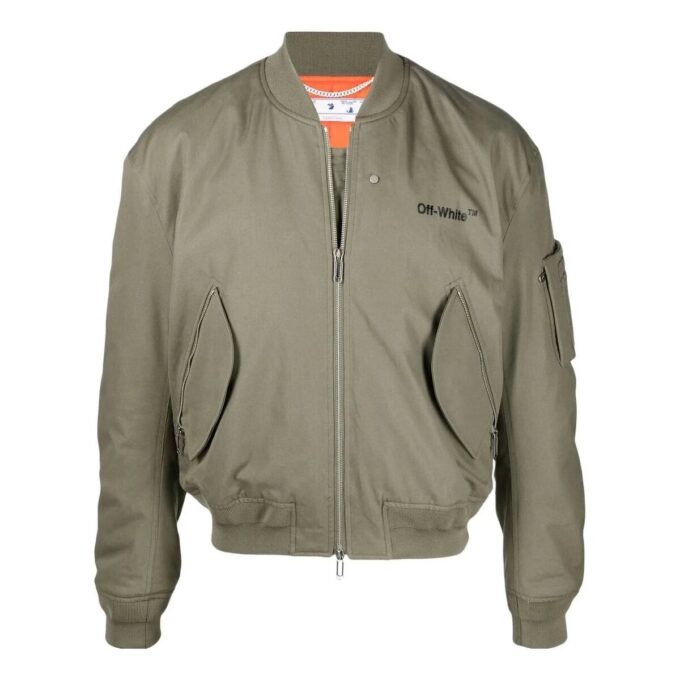 Off-White Men’ s SS22 Logo Embroidered Ribbed Collar Aviator Jacket Military Green