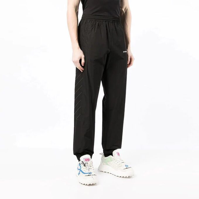 Off-White Men’ s SS22 Logo Printing Diagonal Stripes Bundle Feet Sports Pants/Trousers/Joggers Black