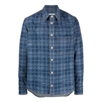 Off-White Men’ s SS22 Plaid Back Logo Printing Single Breasted Long Sleeves Ordinary Version Blue Shirt