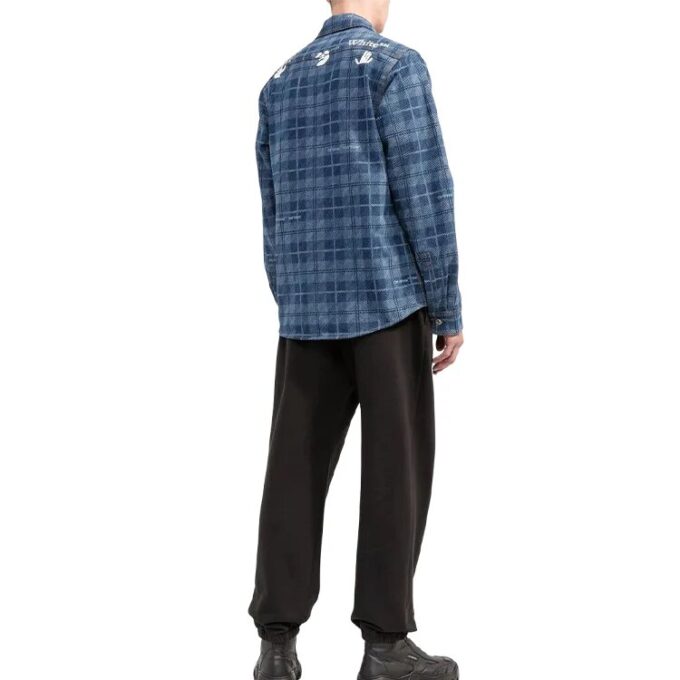 Off-White Men’ s SS22 Plaid Back Logo Printing Single Breasted Long Sleeves Ordinary Version Blue Shirt