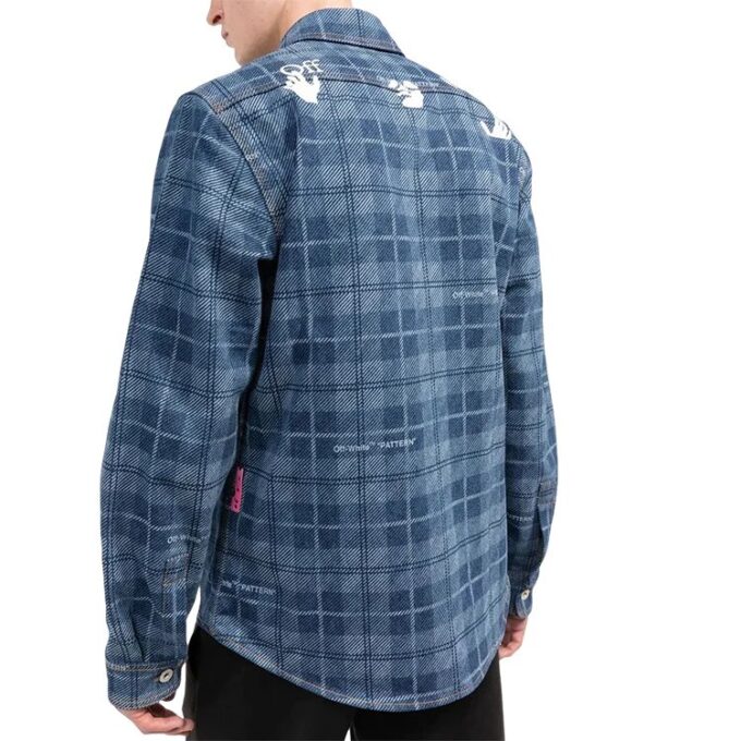 Off-White Men’ s SS22 Plaid Back Logo Printing Single Breasted Long Sleeves Ordinary Version Blue Shirt