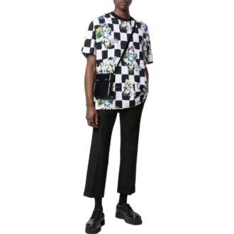 Off-White Men’ s SS22 Plaid Flowers Printing Round Neck Short Sleeve Loose Fit Black T-Shirt
