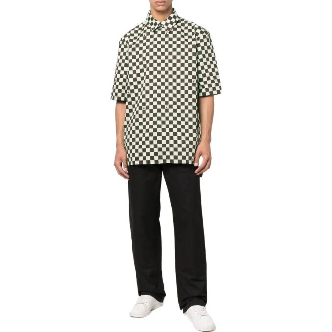 Off-White Men’ s SS22 Plaid Full Print Lapel Short Sleeve Loose Fit Green Shirt