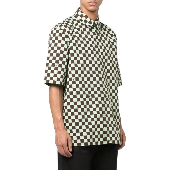 Off-White Men’ s SS22 Plaid Full Print Lapel Short Sleeve Loose Fit Green Shirt