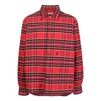 Off-White Men’ s SS22 Plaid Logo Embroidered Lapel Long Sleeves Loose Fit Red Shirt