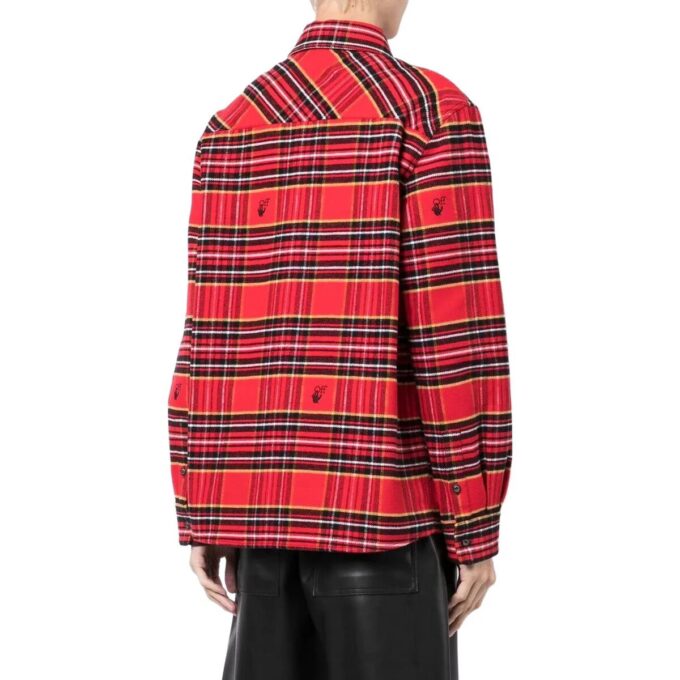 Off-White Men’ s SS22 Plaid Logo Embroidered Lapel Long Sleeves Loose Fit Red Shirt