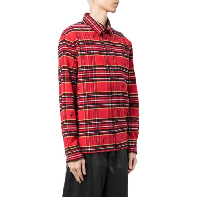 Off-White Men’ s SS22 Plaid Logo Embroidered Lapel Long Sleeves Loose Fit Red Shirt