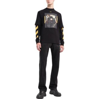 Off-White Men’ s SS22 Printing Round Neck Long Sleeves Version Black T-Shirt