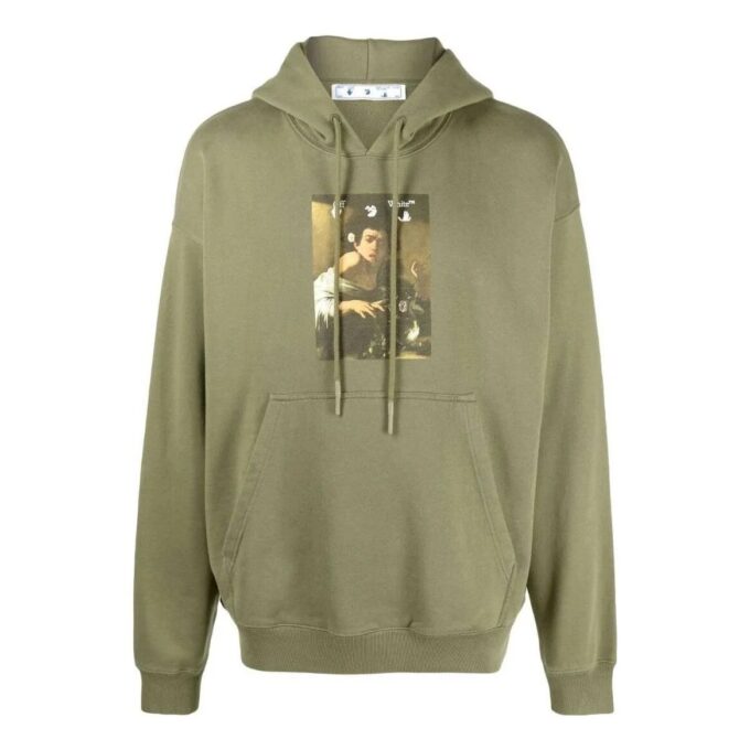 Off-White Men’ s SS22 Solid Color Illustration Printing Hooded Long Sleeves Version Green